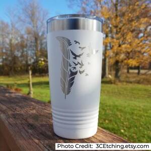 white stainless steel engraved travel tumbler with feather and birds