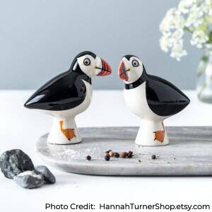 hand painted Puffin salt and pepper shakers that support Puffin conservation