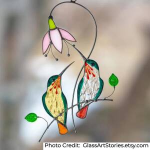 handcrafted glass ruby throated hummingbird and flower suncatcher