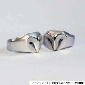minimalist modern silver barn owl ring with sapphire eyes Elina Gleizer