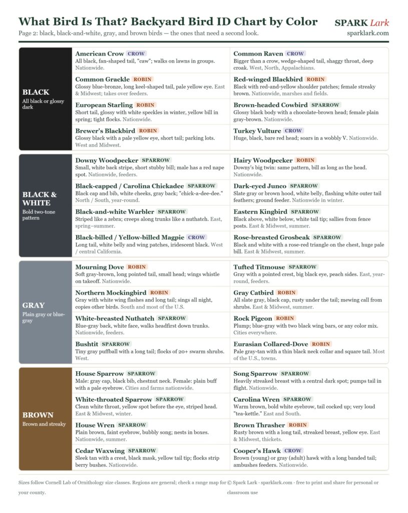 Backyard bird ID chart by color, page 2: black, black-and-white, gray and brown birds