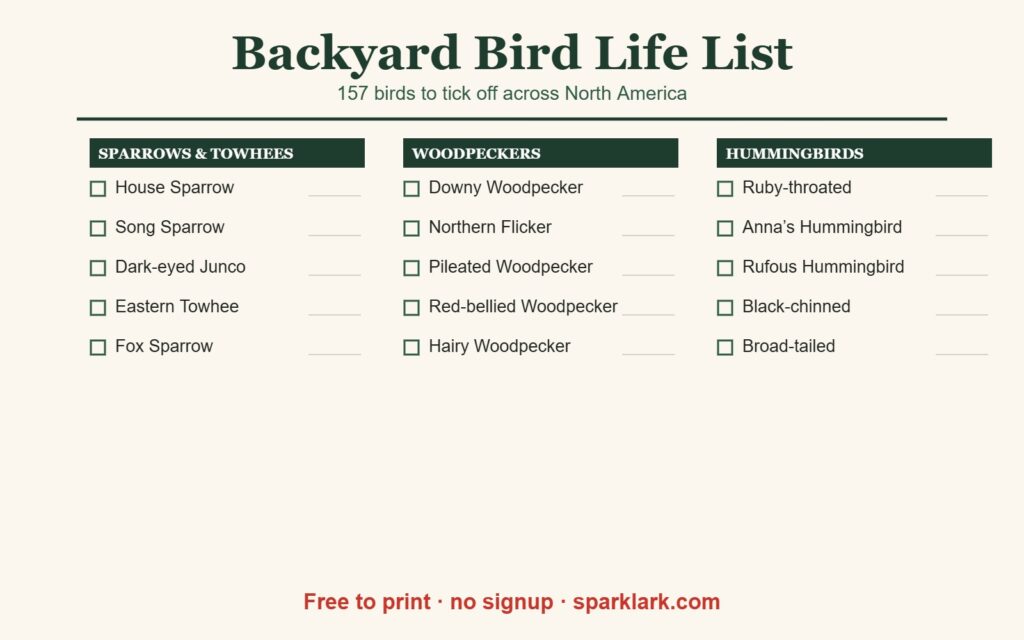 Preview of the printable backyard bird life list