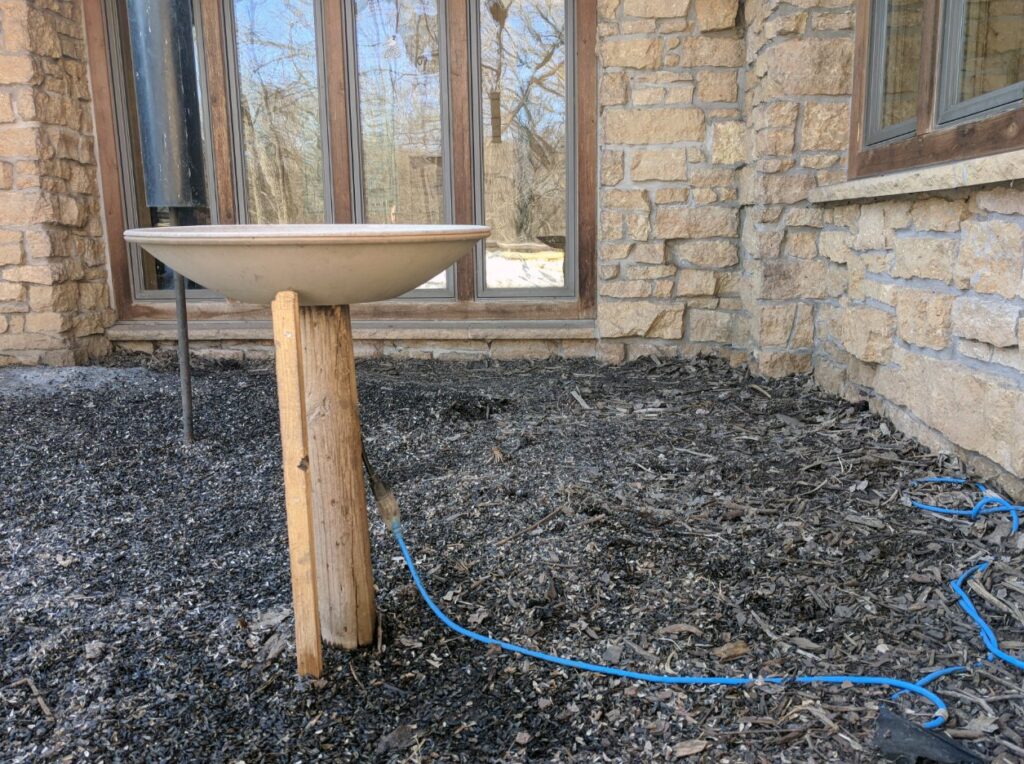Heated bird bath keeping water open in winter