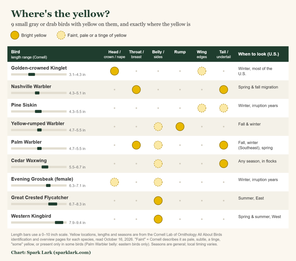 Chart showing where nine small gray or drab birds carry yellow: crown, throat, belly, rump, wing edges or tail, with length ranges and when to look