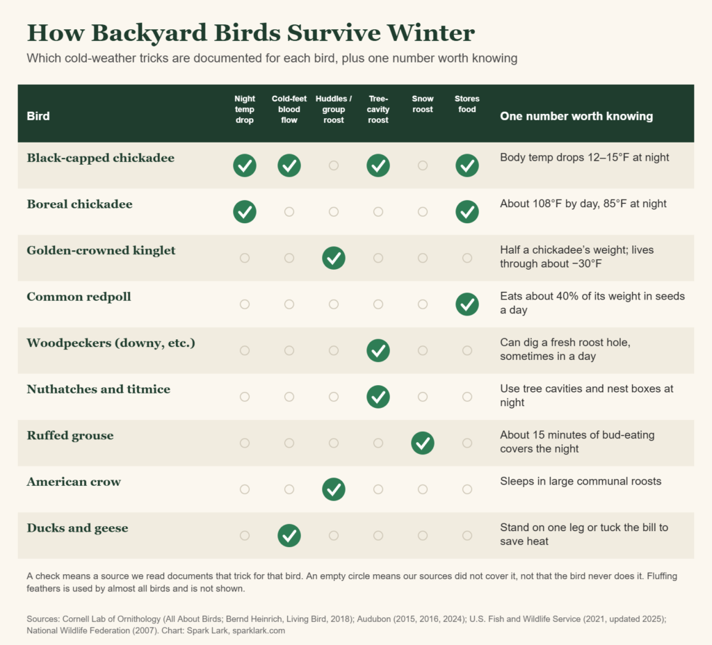 Chart of winter survival tricks used by nine backyard birds