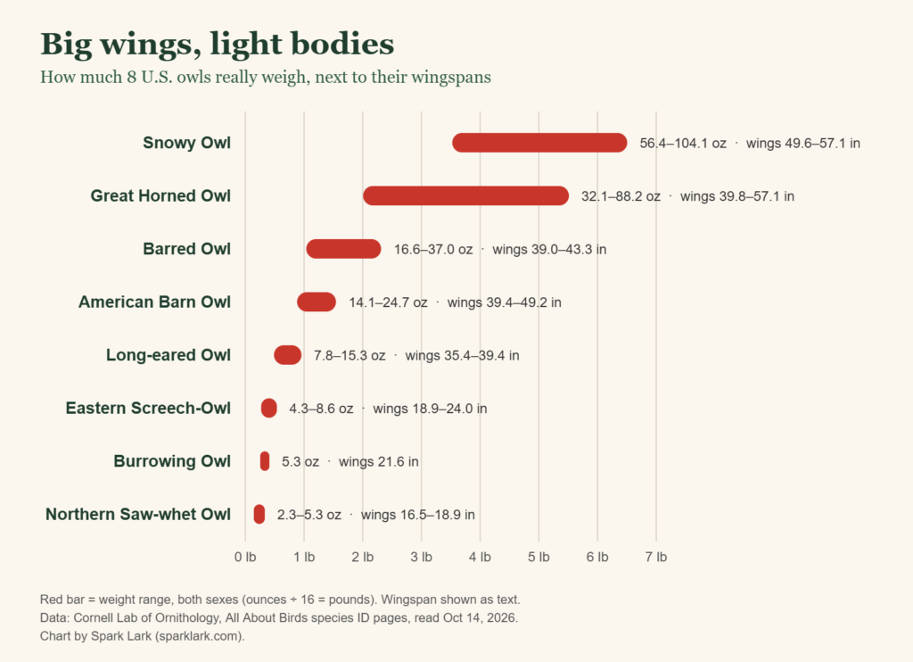 Bar chart of weight ranges in pounds for eight US owls, from the snowy owl (up to 6.5 lb) to the northern saw-whet owl (under 6 oz), with wingspans